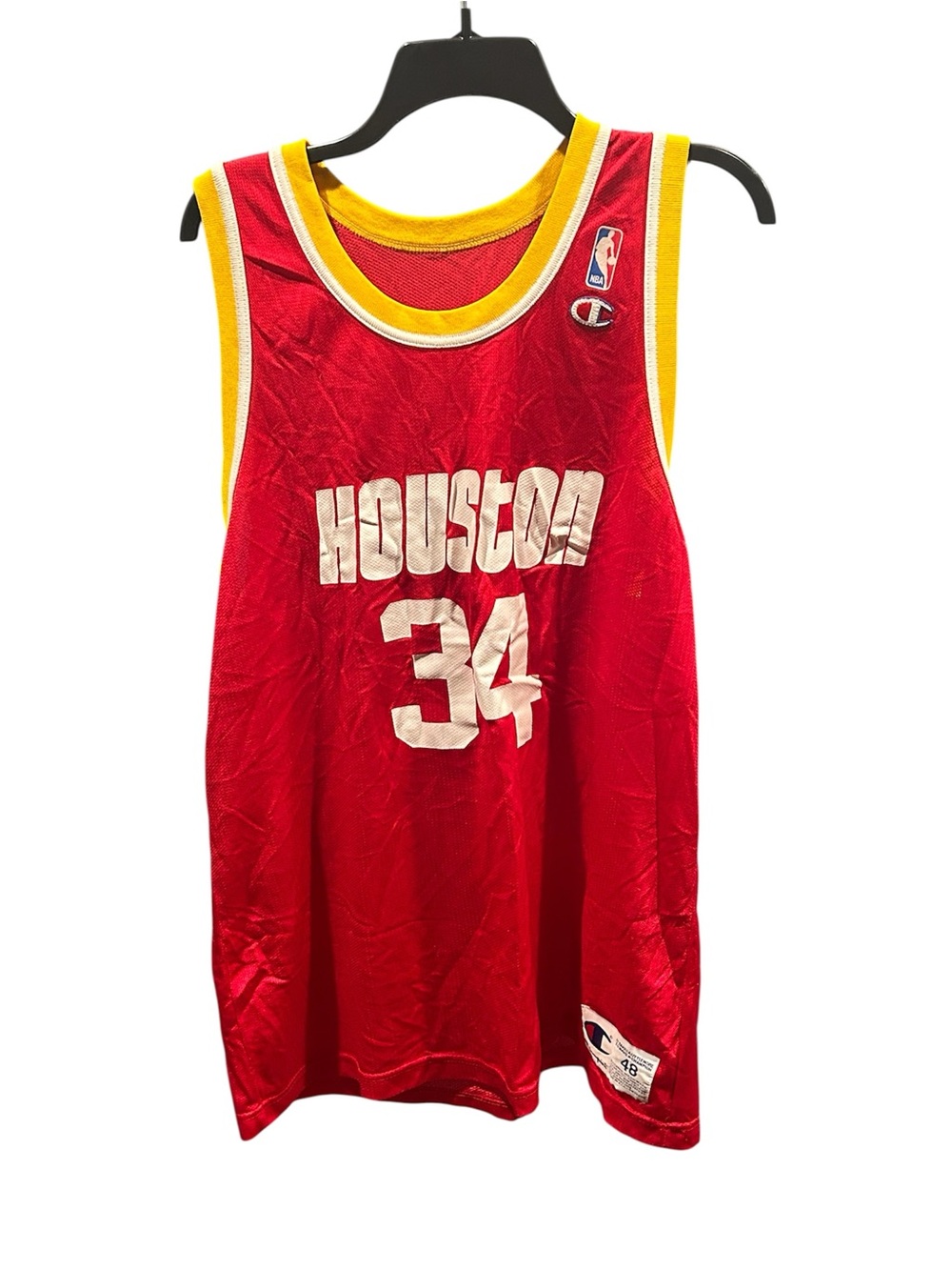 Vintage 90s Champion Hakeem Olajuwon Houston Rockets Jersey Red Size 48 Made in